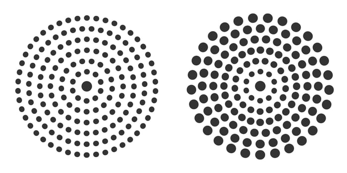 Circular sunburst pattern with gradient dots in two variations. vector