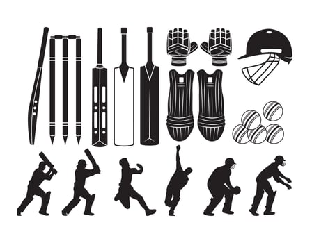 Cricket Bat ball pads all instruments clip art Isolated bundle, Hand drawn cricket Gloves, Helmet with stump Silhouette Set. vector