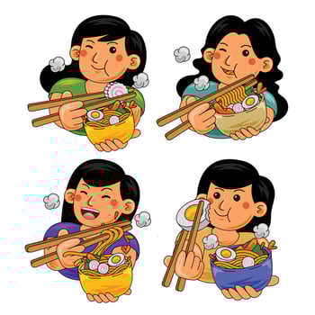 Cute Woman eating Ramen Japan Food vector