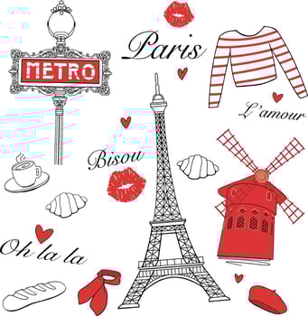 Romantic Paris city seamless pattern travel elements vector