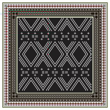 Geometric square print scarf pattern with diamonds and lines on black background, red and white border design. vector