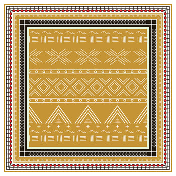 Pattern design with geometric square shapes scarf in gold, white, and black, bordered by intricate frames. vector