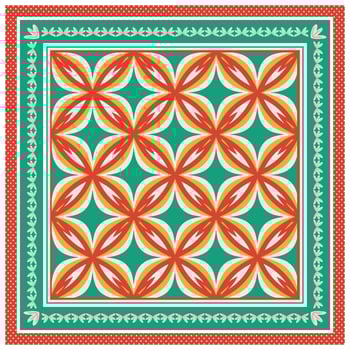 Geometric pattern with red, yellow, and green intertwined flower-like shapes on a teal background. vector