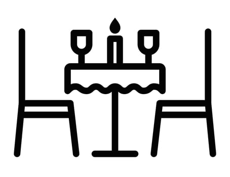 A black and white icon of a table and chairs vector