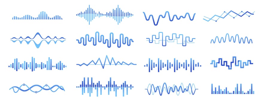Audio podcast sound wave. Music song waveform, radio broadcast voice track, equalizer curve pulse, sound vibration amplitude level. isolated set vector