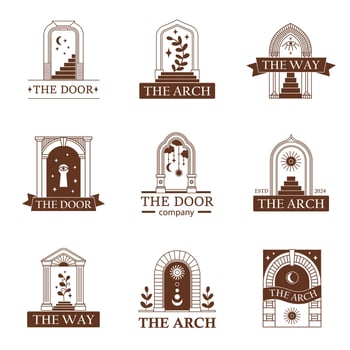 Arch door logo. Linear frame luxury gate entrance icons, vintage arc doors classic line symbols with boho mystic spiritual esoteric symbols. arches set vector