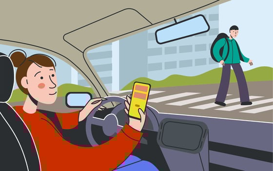 Distracted driver. Car interior with woman driving car and using smartphone, dangerous mobile phone addiction concept, car interior scene. illustration vector