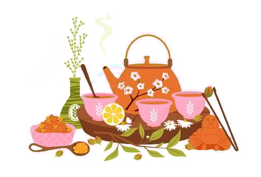 Chinese tea concept. Traditional tea ceremony with teapot and cups, hot beverage drink with leaves cartoon flat style. illustration vector