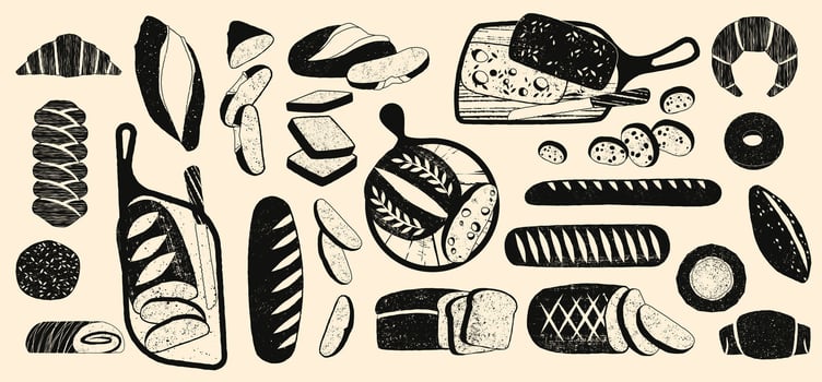 Bread silhouette. Black bakery bread icons, baked loaf baguette roll pretzel croissant bun, pastry sketch elements for bakery menu design. bread isolated set vector