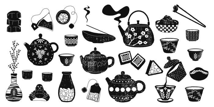 Black ink tea sketch. Hand drawn traditional tea ceremony menu elements, chinese japanese asian teapot cup kettle tray scoop. isolated set vector