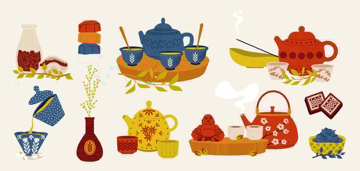 Chinese tea tradition. Tea ceremony with oriental traditional attributes, chinese culture tea time with teapot mug towel incense. illustration vector