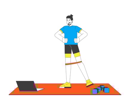 Man doing resistance band exercise on yoga mat with dumbbells and laptop 2D cartoon character. Online fitness workout guy isolated person flat on white background. Spot illustration colorful vector