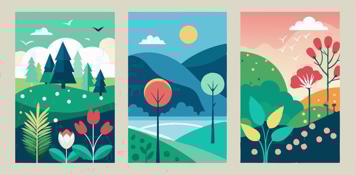 Three vertical banners with trees, mountains and a river vector
