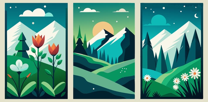 Three vertical banners with mountains, flowers and trees vector