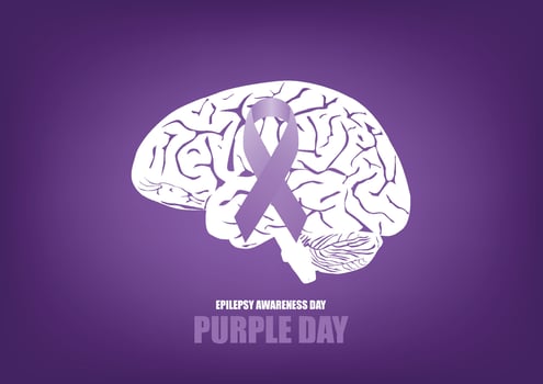 Purple day for epilepsy awareness concept. Silhouette of person human brain intertwined with a purple ribbon vector