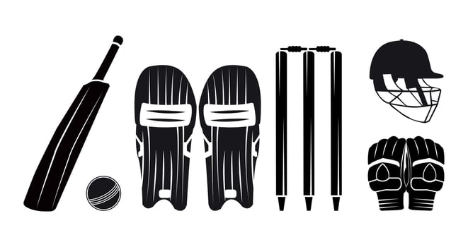 Cricket Bat ball pads all instruments clip art Isolated bundle, Hand drawn cricket Gloves, Helmet with stump Silhouette Bundle vector