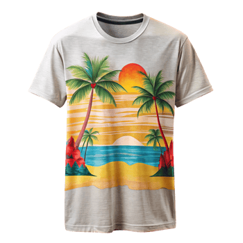 Stylish gray t-shirt with a vibrant sunset beach design. png
