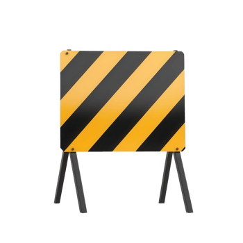A caution sign indicating road work ahead with black and yellow stripes. png