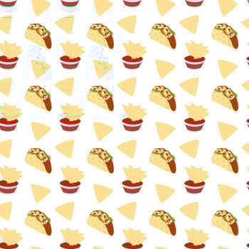 Mexican Taco meat filling and Nachos chips with salsa sauce in saucer Seamless Pattern. Mexican food. Isolated illustration Wallpaper, wrapping, packing or web promo banner, leaflet, menu card vector