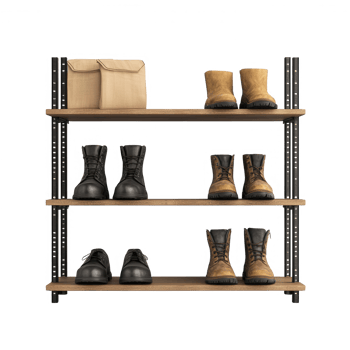 A stylish display of various boots organized on a wooden shelf for footwear storage. png