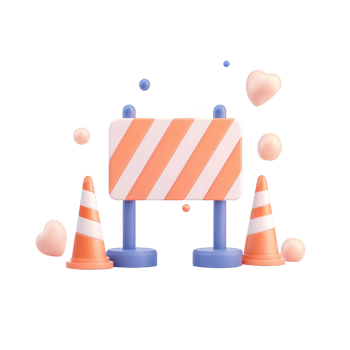 Colorful traffic cones and a warning sign indicating construction ahead. png