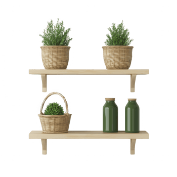 Stylish shelves adorned with potted plants and decorative bottles for home decor. png