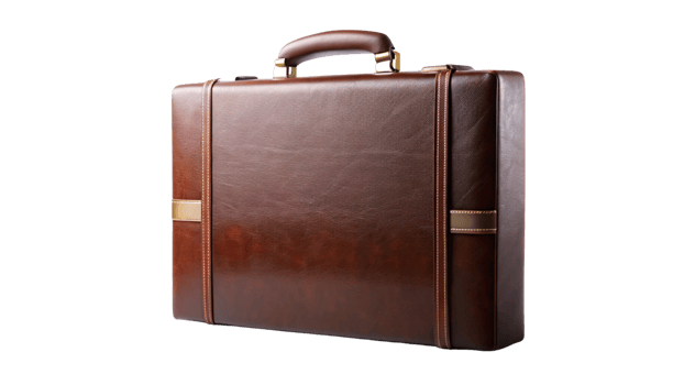 Dark brown leather briefcase with polished handle and brass accents. Its sleek design conveys sophistication, professionalism, and timeless style png