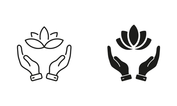 Lotus and Hands, Meditation Pictogram. Human Hands Holding Flower Line and Silhouette Icon Set. Yoga and SPA Symbol. Beauty Medical Clinic Sign. Editable Stroke. Isolated Illustration vector