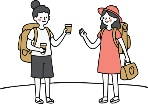 Happy tourists with backpacks on a trip, transparent background png