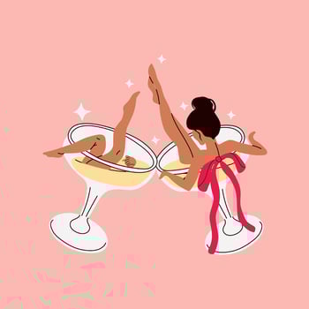 A woman is sitting in a champagne glass with her legs up. Party time vector