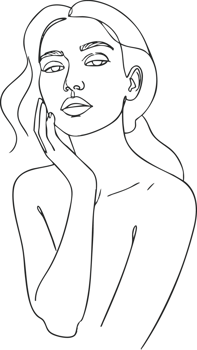 A black and white drawing of a woman with her hand on her chin png