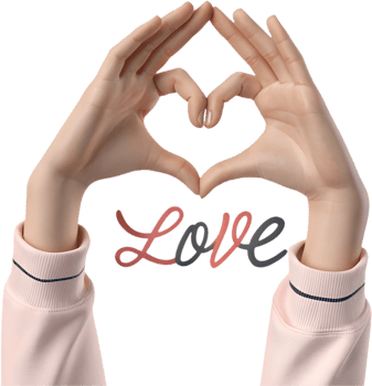 Warm love symbol with hands forming heart and stylish love text. . Romantic hand png