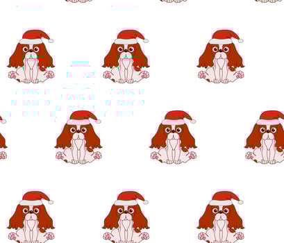 dog cavalier king charles spaniel in santa hat seamless pattern Santa Claus Xmas snowflake cartoon isolated tile background repeat wallpaper illustration vector