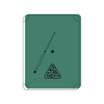 Minimalist billiard table with cue, balls and triangle rack. Sports-related design, bar, pub, game room, billiards-themed content. vector