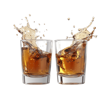 Two Glasses of Whiskey with Splashing Liquid. isolated transparent background png