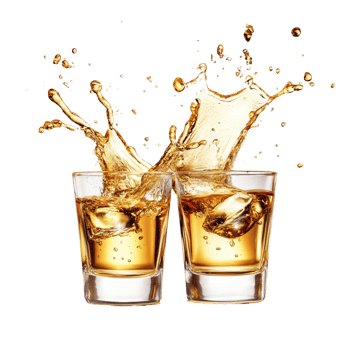 Two Glasses of Whiskey with Splashing Liquid. on transparent background png
