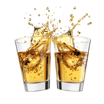 Two Glasses Of Golden Liquid Splashing Together. cut out png
