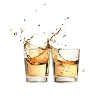 Two Glasses of Golden Liquid Splashing Together. isolated png