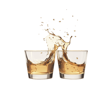 Golden liquid splashing between two glasses png