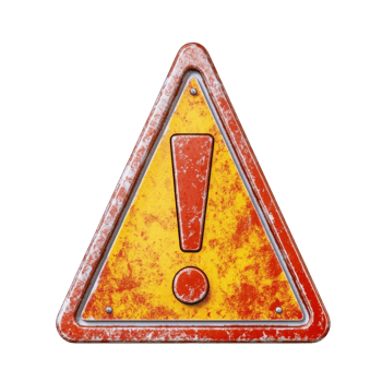 Rusty triangular warning sign with exclamation mark. cut out png