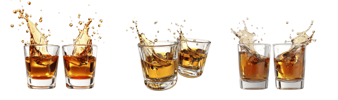 Golden Liquid Splashing Into Shot Glasses png