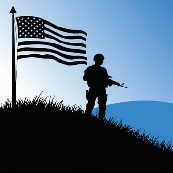 Patriotic Soldier Silhouette with USA Flag on Hill Illustration vector