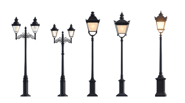 Five Elegant Black Street Lamppost Designs Illuminated png