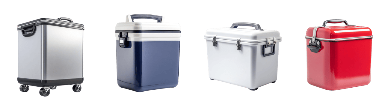 Four diverse portable coolers displayed against a black background png