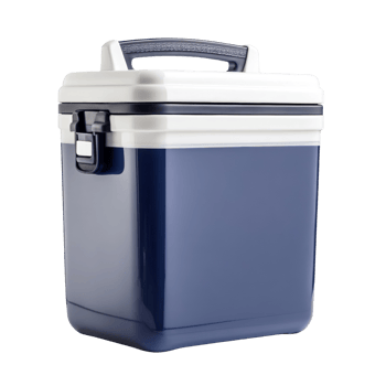 A navy blue portable ice chest with a white top png