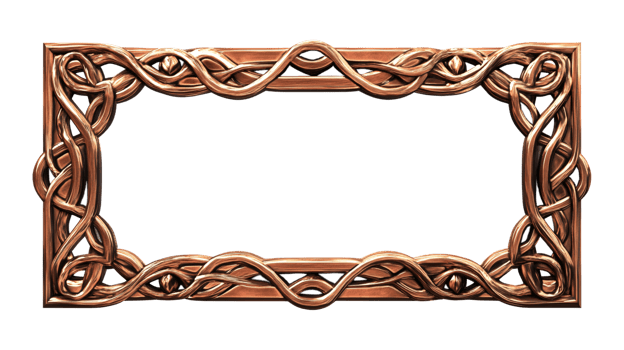 Ornate rectangular copper frame border with intricate Celtic knot patterns isolated on transparent background png