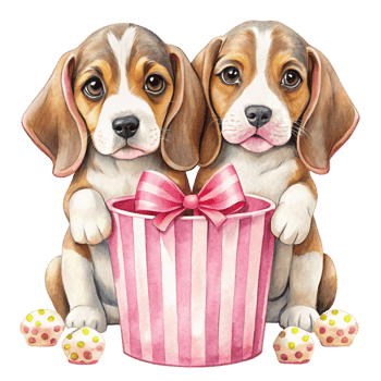 two beagle puppies sitting in a pink gift box png