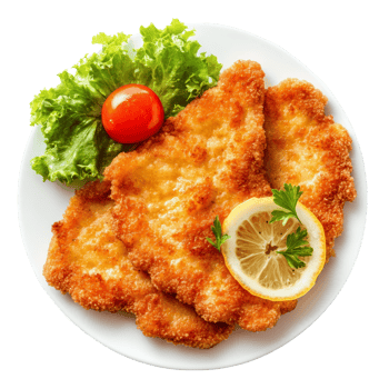 Crispy Breaded Chicken Cutlets Served with Lemon and Salad png