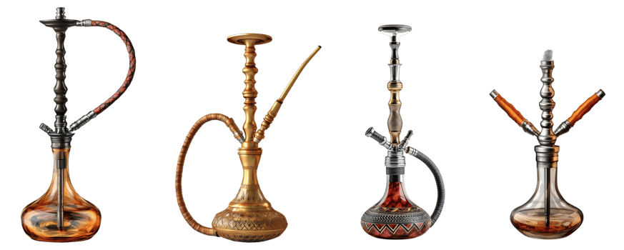 Four ornate hookah pipes displayed against a black background png