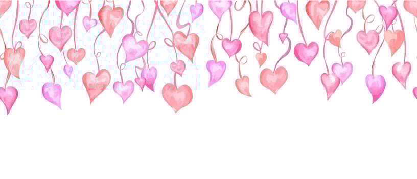 Watercolor pink red hearts hanging down on pink ribbons horizontal seamless banner isolated on white. Valentine day, birthday pattern for romantic textile, stationery, package decor. vector